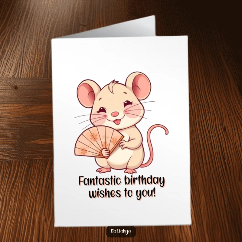 Funny Free Printable Birthday Card: A smiling rat delicately holds an ornate fan, ready for a birthday celebration.