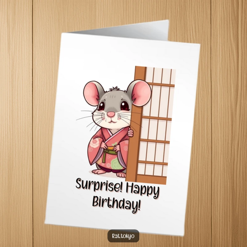Funny Free Printable Birthday Card: A surprised rat in a festive kimono peeks from behind a screen, wishing a happy birthday.