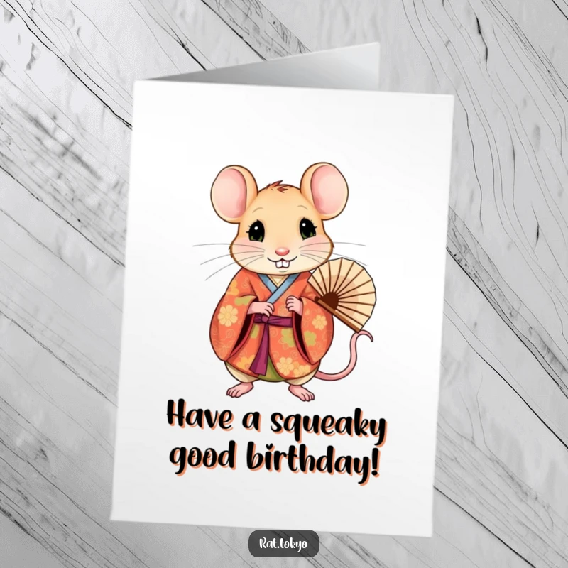 Funny Free Printable Birthday Card: A curious rat in a vibrant kimono holds a fan, ready to celebrate in style.