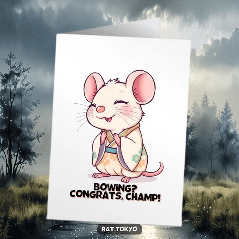 Funny Free Printable Congratulations Card: A joyful rat in a decorated kimono bows politely, extending happy congratulations.