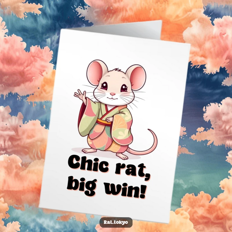 Funny Free Printable Congratulations Card: A cute rat elegantly posed in a vibrant, flowing kimono, looking dapper.