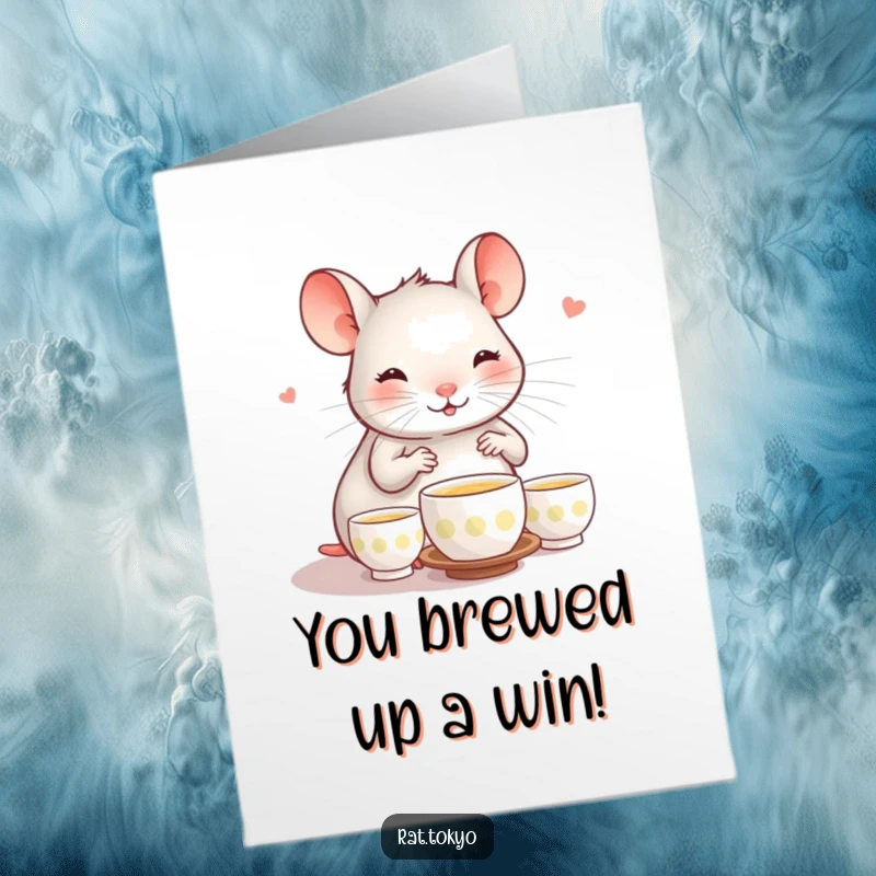 Funny Free Printable Congratulations Card: A happy rat performs a peaceful tea ceremony, offering warm wishes for an achievement.