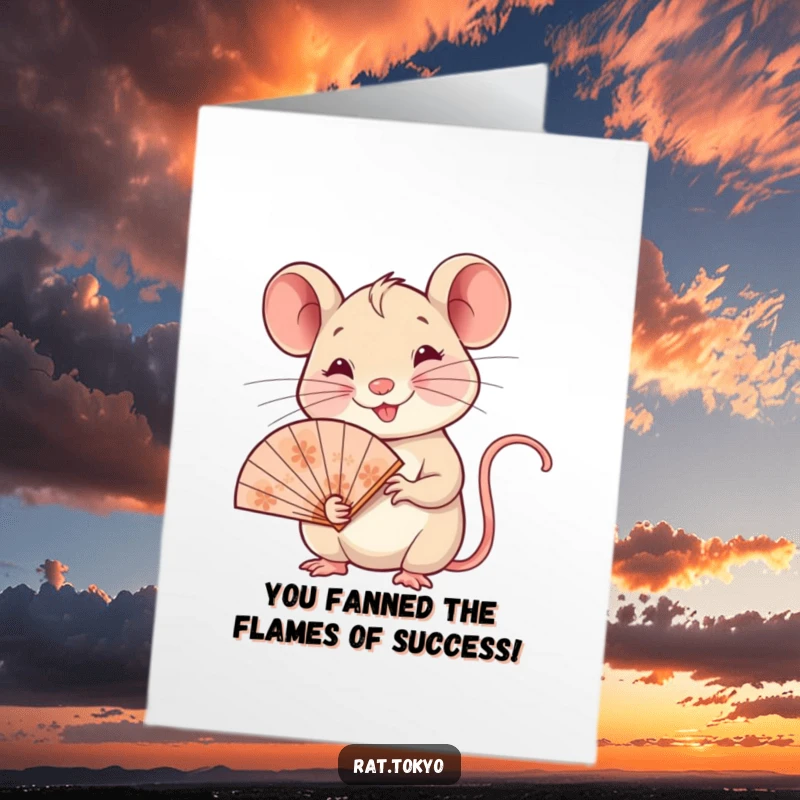 Funny Free Printable Congratulations Card: A smiling rat gracefully holds a detailed fan, conveying elegant best wishes.