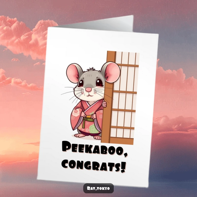 Funny Free Printable Congratulations Card: A slightly surprised rat in a festive kimono peeks out, celebrating their success.