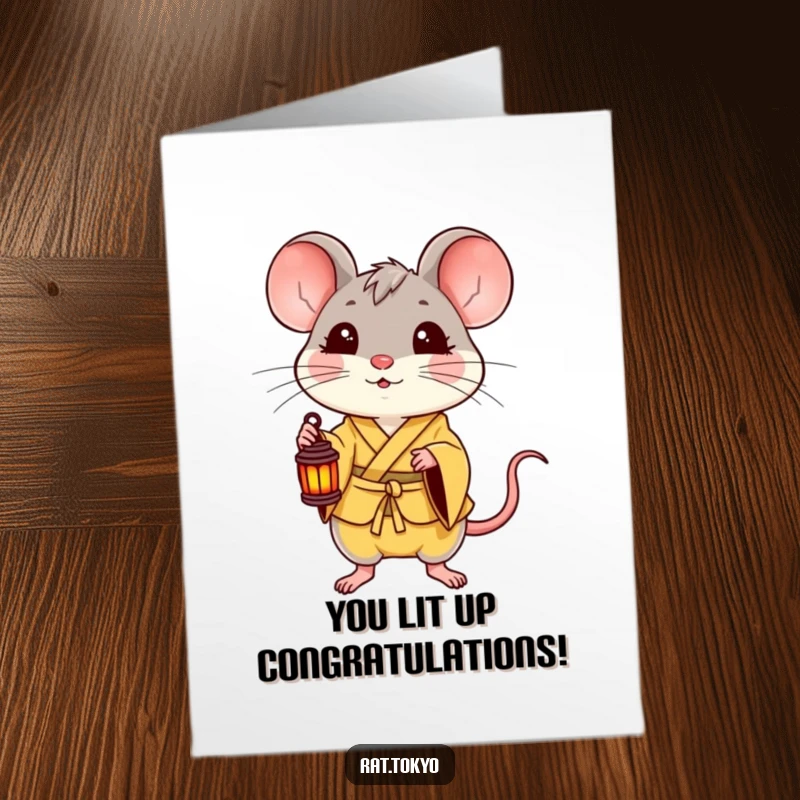 Funny Free Printable Congratulations Card: A delighted rat in a yellow kimono holds a small lantern, celebrating achievements with light and joy.