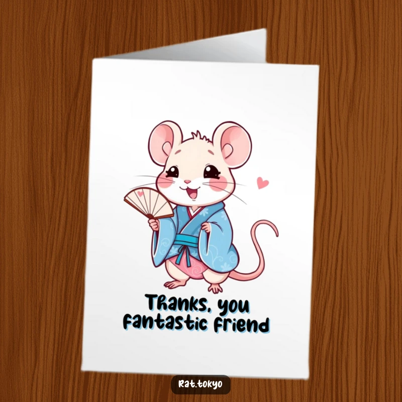 Funny Free Printable Thank You Card: Happy rat in a blue kimono, holding a delicate fan to express thanks.