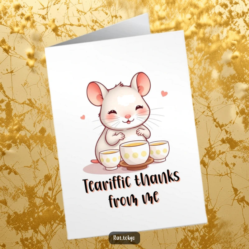 Funny Free Printable Thank You Card: A happy rat serves tiny cups in a tea ceremony, conveying gentle thanks.
