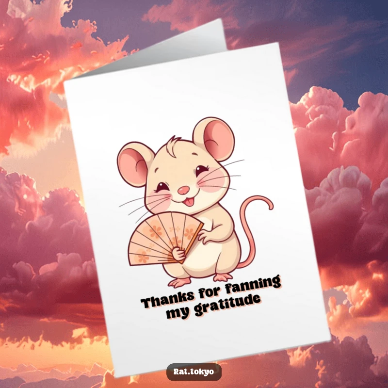 Funny Free Printable Thank You Card: A smiling rat holds a delicate fan, expressing sincere thanks with charm.