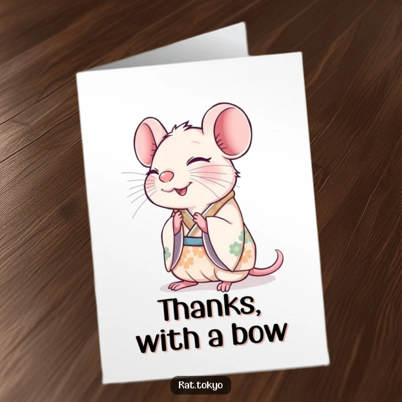 Funny Free Printable Thank You Card: A happy rat in a festive kimono bows slightly, expressing sincere thanks.