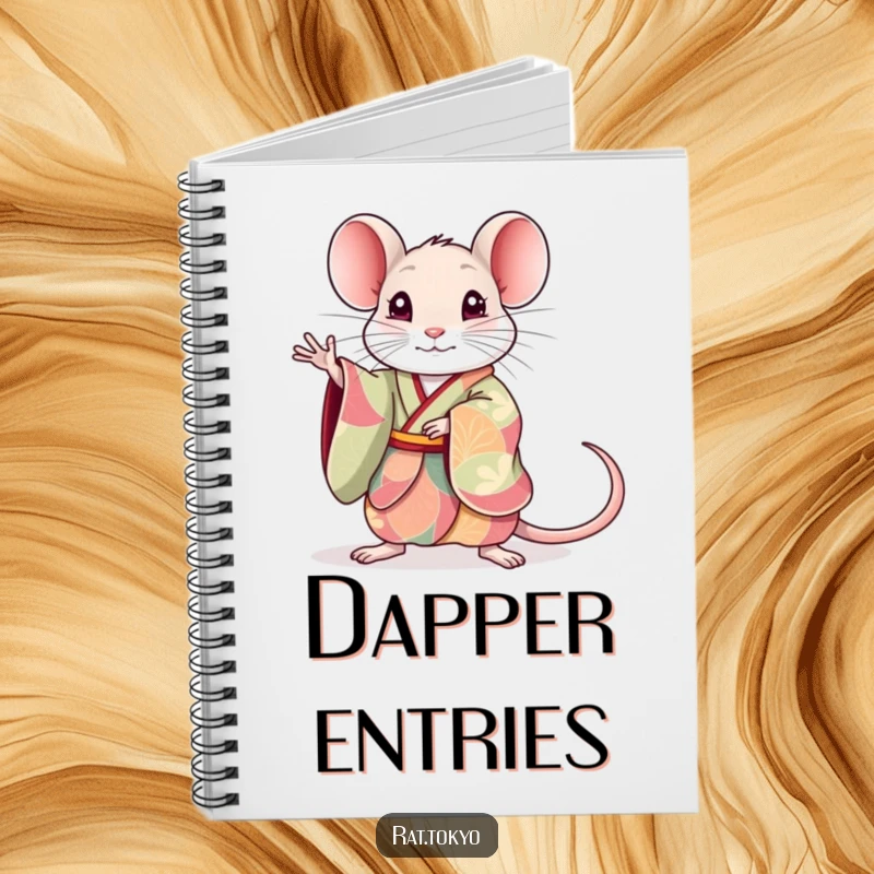 Funny rat notebook with a cute rat in a colorful kimono, striking an elegant pose on the cover, perfect for journaling.