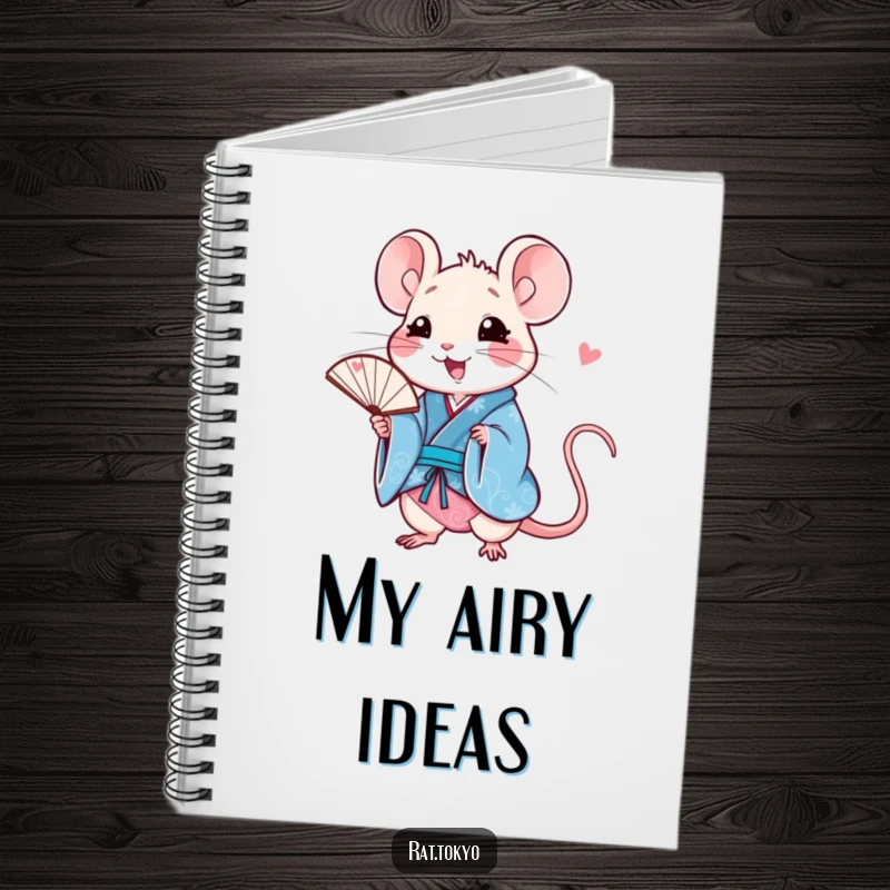 Funny rat notebook with a happy character in a blue kimono, holding a delicate fan, perfect for note-taking and journaling.
