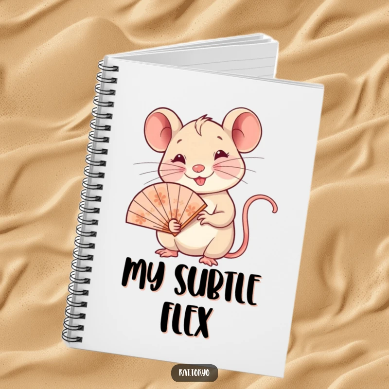 Funny notebook featuring a smiling rat holding a delicate ornate fan, perfect for jotting down notes with a touch of humor.