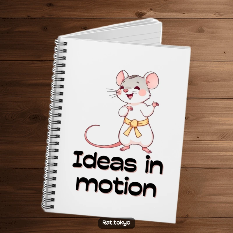Funny notebook with a playful rat twirling a long, silken obi, suitable for jotting down notes with an energetic flair.