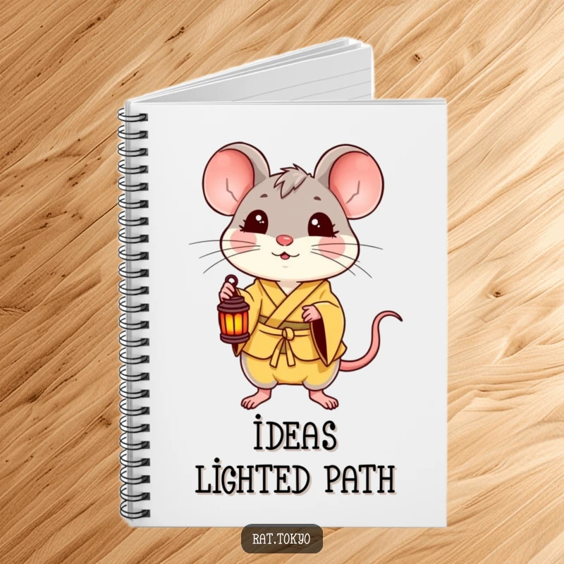 Funny notebook with a delighted rat in a yellow kimono holding a small lantern, perfect for journaling bright ideas and cheerful notes.
