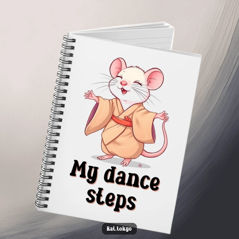 Funny rat in a silk kimono, mid-twirl with eyes closed, decorating the cover of a flowing notebook design.