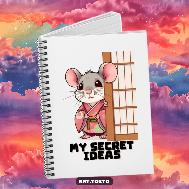 Funny rat in a festive kimono, peeking out with a surprised expression, on a notebook cover design.