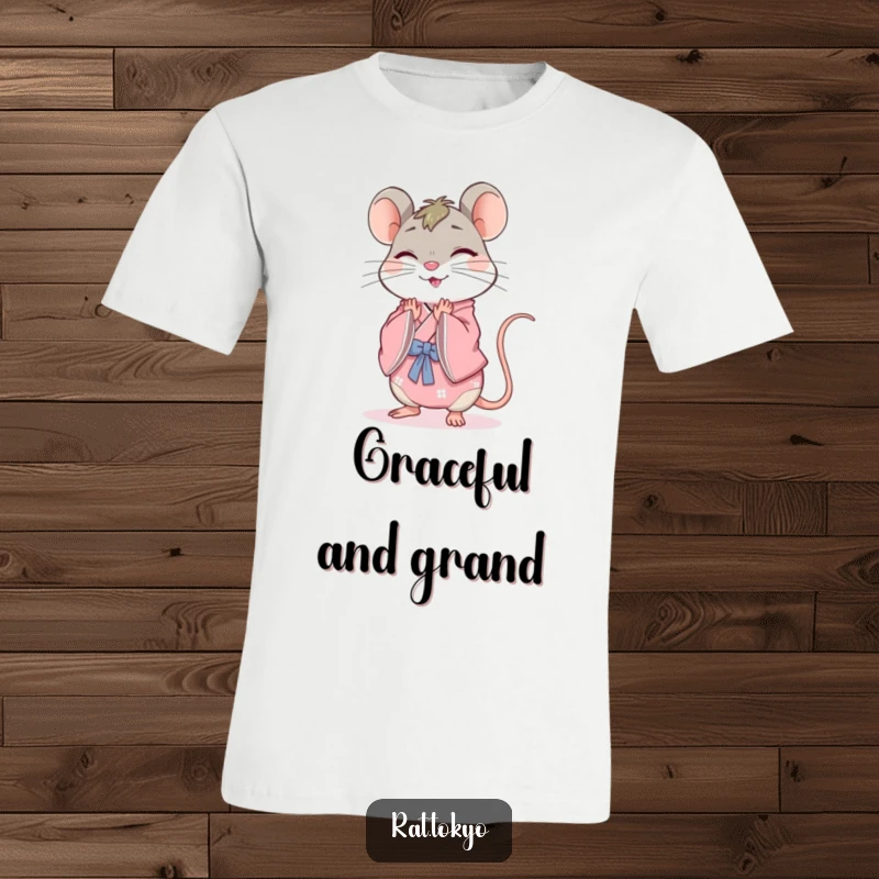 Funny rat t-shirt of a cheerful character wearing a pink kimono and bowing gracefully, showcasing politeness and style.