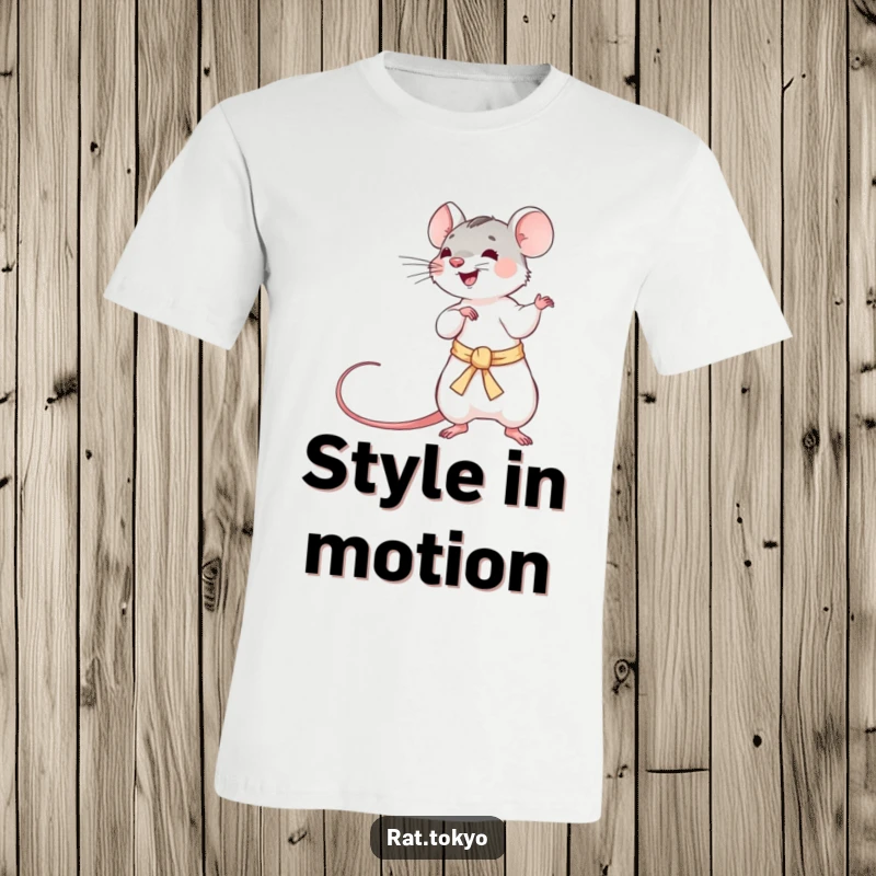 Funny t-shirt with a playful rat skillfully twirling a long, silken obi, embodying dynamic movement and lighthearted fun.