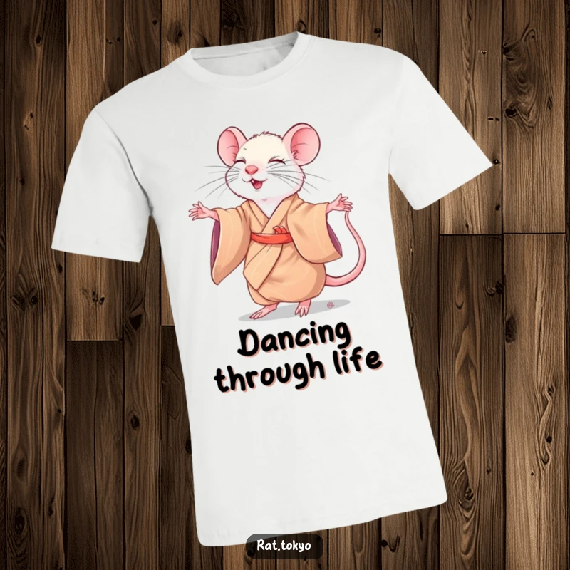 Funny rat in a flowing silk kimono, mid-twirl with eyes closed, showcasing playful grace on a t-shirt.