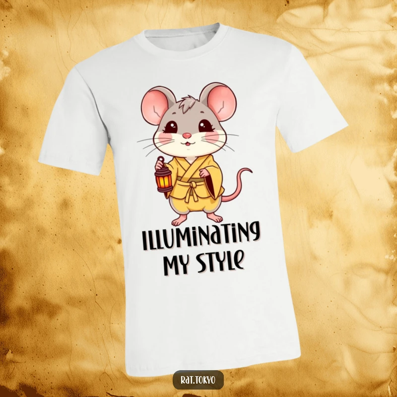 Funny t-shirt featuring a delighted rat in a yellow kimono, holding a small lantern, radiating pure joy and warmth, an excellent cheerful present.