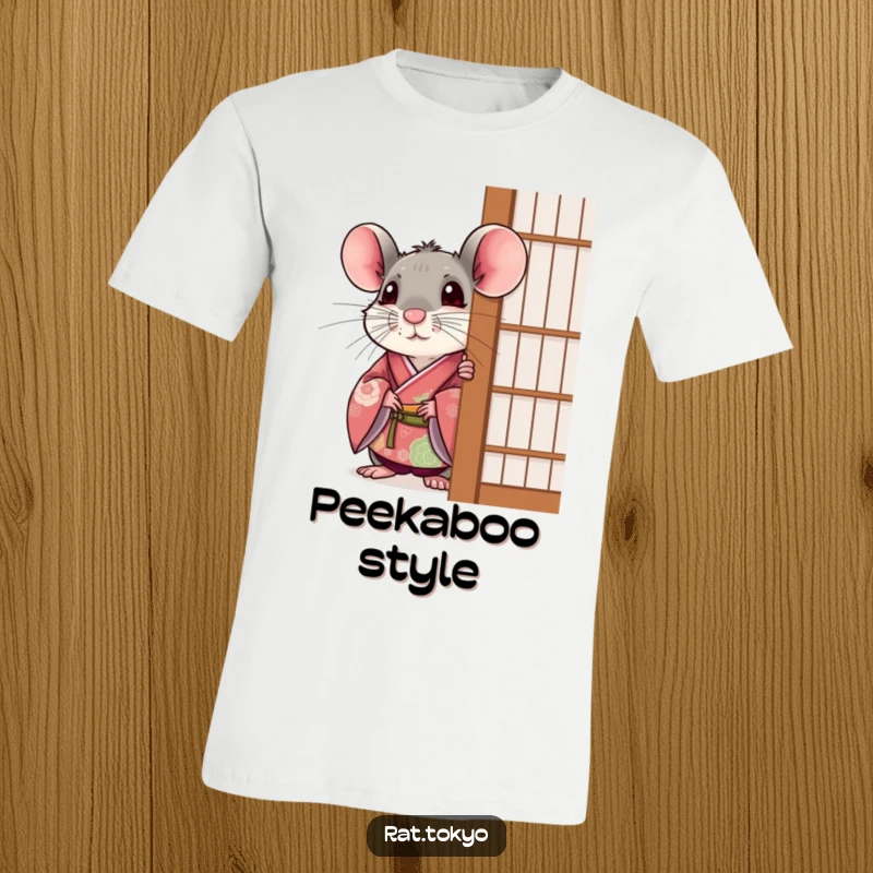 Funny rat in a festive kimono, peeking out with a surprised look from behind a screen on a t-shirt.