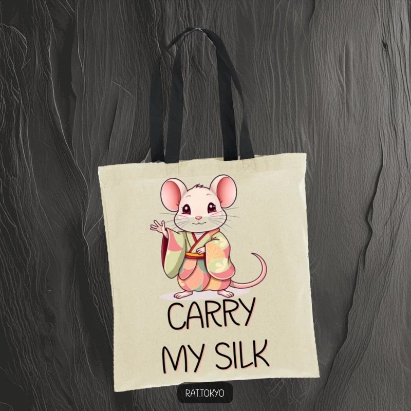 Funny rat tote bag depicting a cute rat in a colorful kimono, striking a graceful pose, perfect for shopping or daily use.