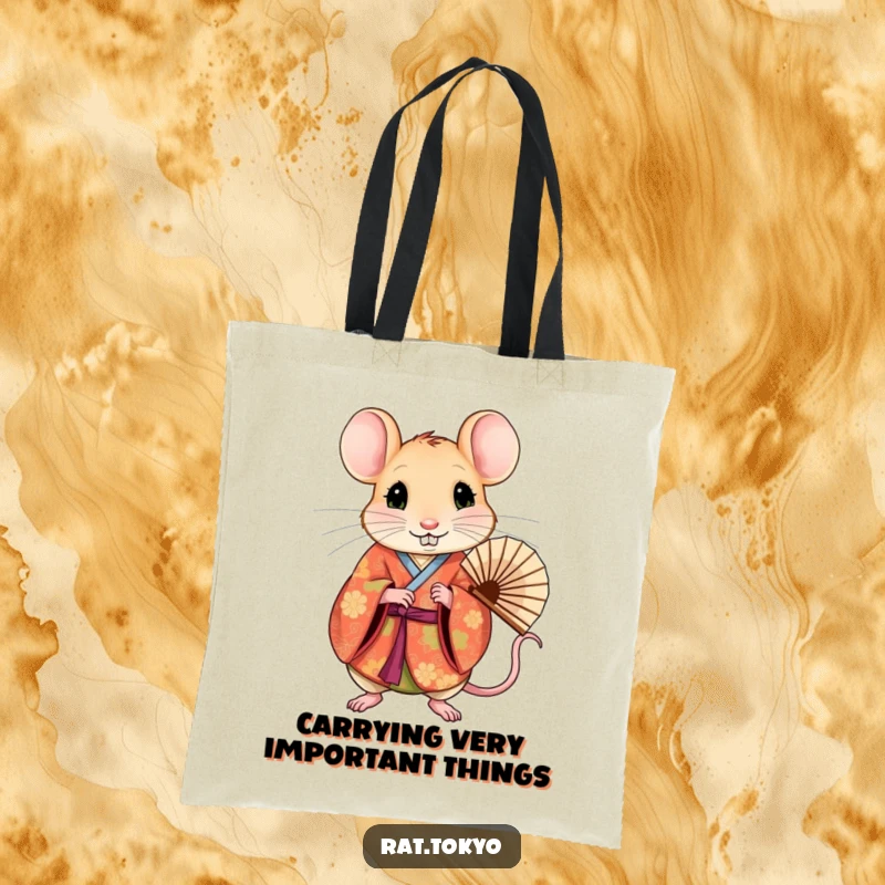 Funny rat adorned in a vibrant kimono, holding a delicate fan, perfect for carrying essentials in style.