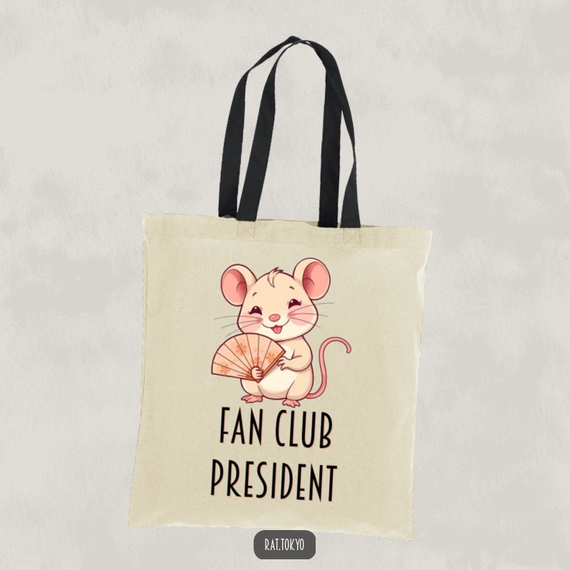Funny tote bag showcasing a smiling rat holding an ornate fan, blending fashion and humor for everyday use.