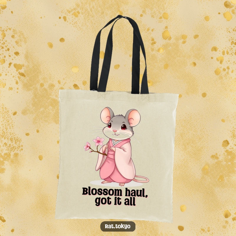 Funny Tote Bag: A serene rat in a kimono carries a blooming cherry blossom, offering a stylishly humorous accessory.